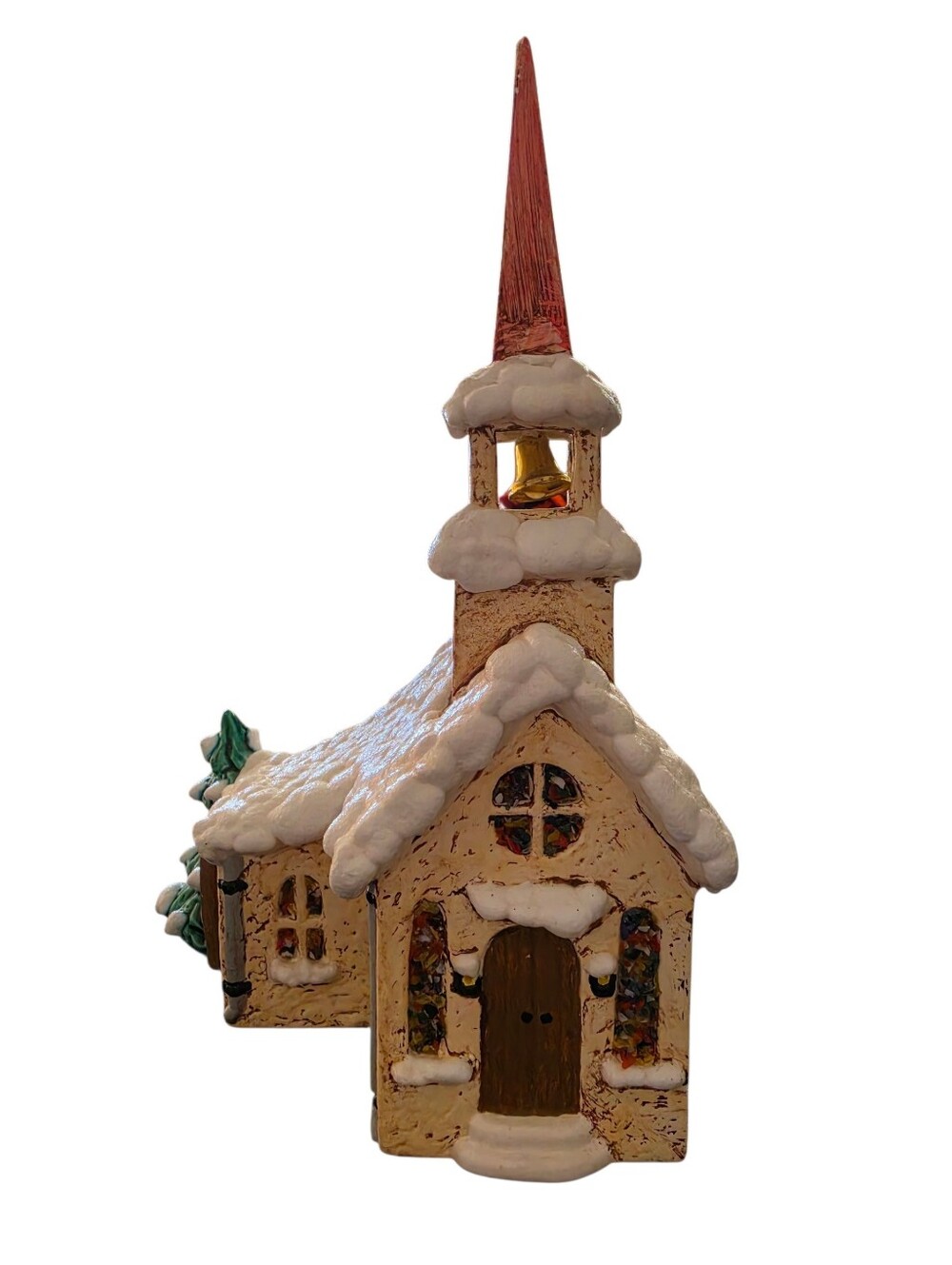 Festive Christmas Snow Covered Village Church House Decoration Beige and Red